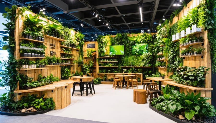 Interactive exhibit featuring modular design, green living wall, and eco-friendly materials like recycled wood and energy-efficient lighting.