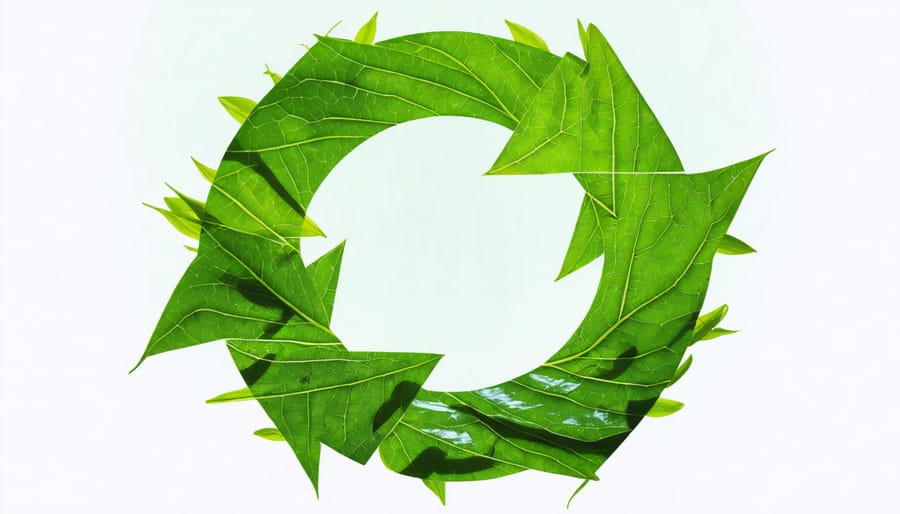 Conceptual illustration of green circular arrows and leaves depicting sustainable furniture lifecycles