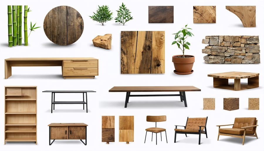 Sustainable furniture materials collage featuring bamboo, reclaimed wood, recycled metal and plastic