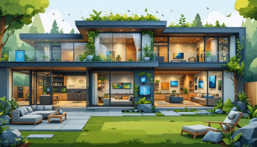 Illustration of a modern home with eco-friendly upgrades, including energy-efficient windows, sustainable insulation materials, and smart home technology.