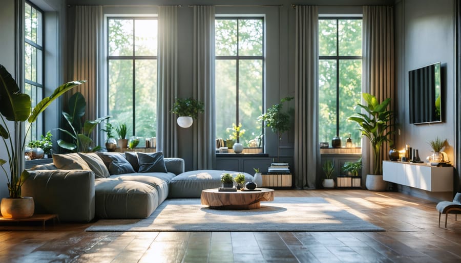 A modern living room featuring energy-efficient LED lights and natural light from large windows, enhanced by mirrors and smart home lighting controls.