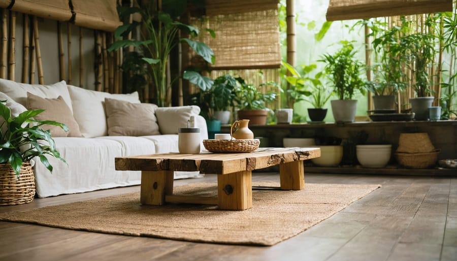 Sustainable living room decor with natural materials and greenery