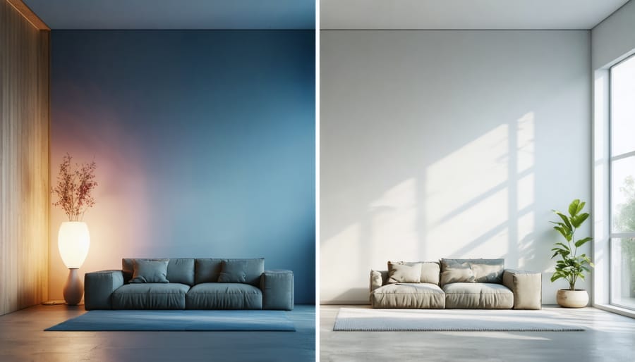 Comparison image showing the differences between traditional and sustainable lighting in a room