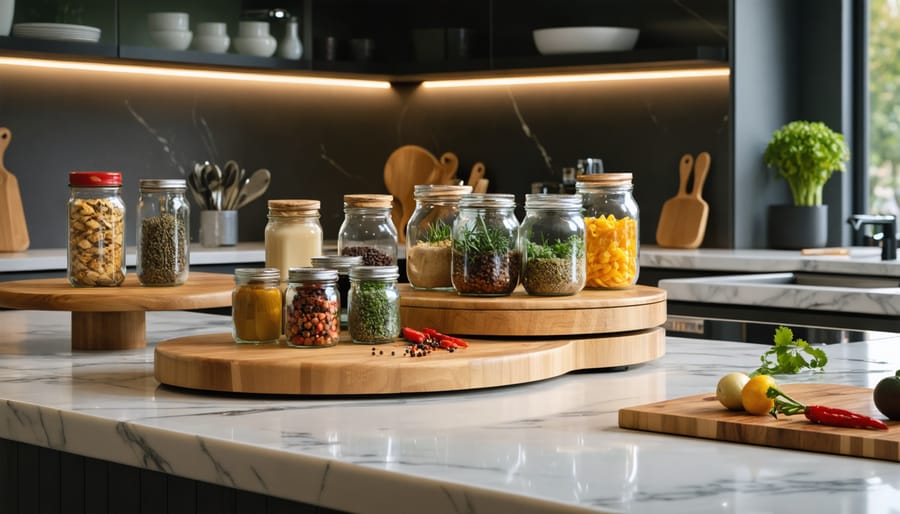 An assortment of lazy susans in a kitchen, featuring a wooden tabletop lazy susan with spices, an acrylic model with jars, and a D-shaped lazy susan in a corner cabinet, all enhancing storage and accessibility.