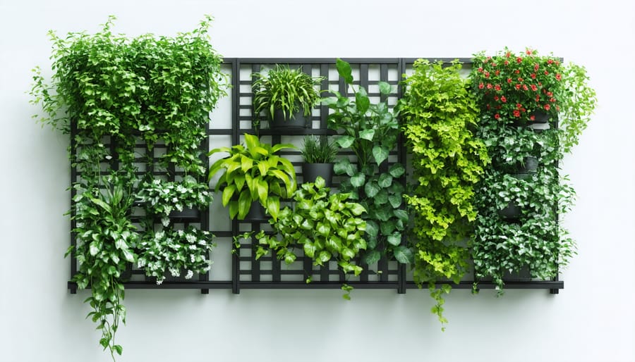 Thriving vertical garden with diverse plant species grown on a wall-mounted trellis