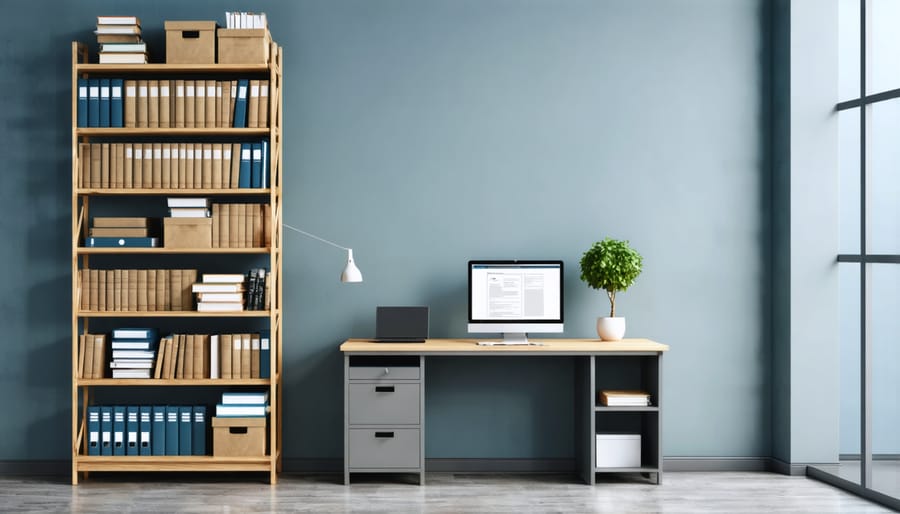 Maximizing vertical space in a small home office with tall shelving