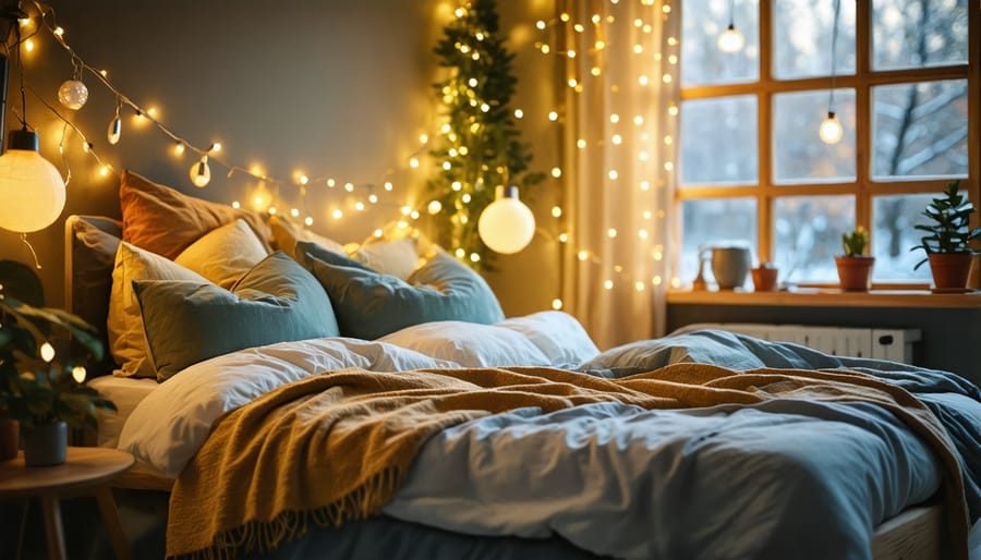 Bedroom with warm, cozy lighting from lamps and string lights