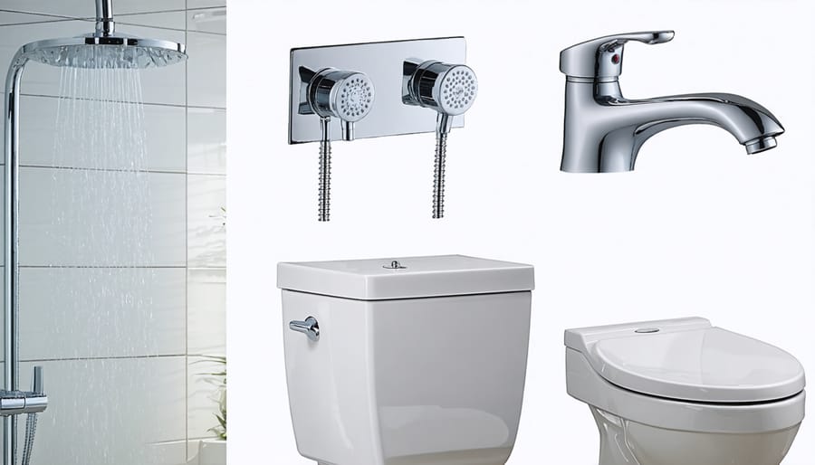 Water saving plumbing fixtures including low-flow showerhead, dual-flush toilet, and faucet aerator