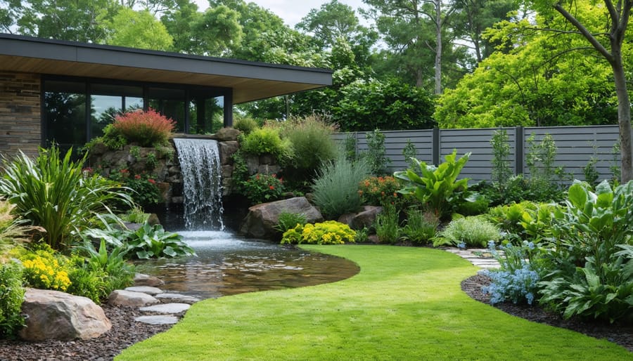 Xeriscaped garden with drought-tolerant plants and a rainwater collection barrel