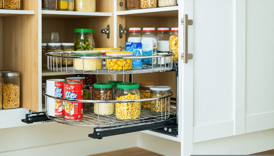 Wire pull-out lazy susan organizer in a kitchen cabinet with pantry essentials