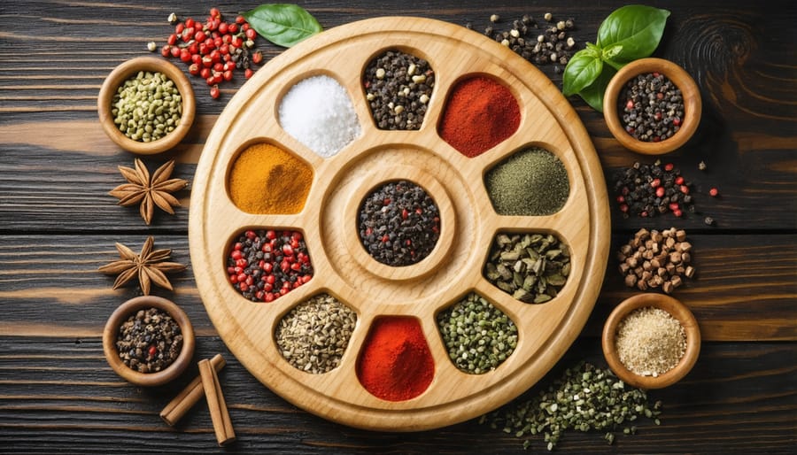 Wooden lazy susan with spices and condiments on a kitchen table