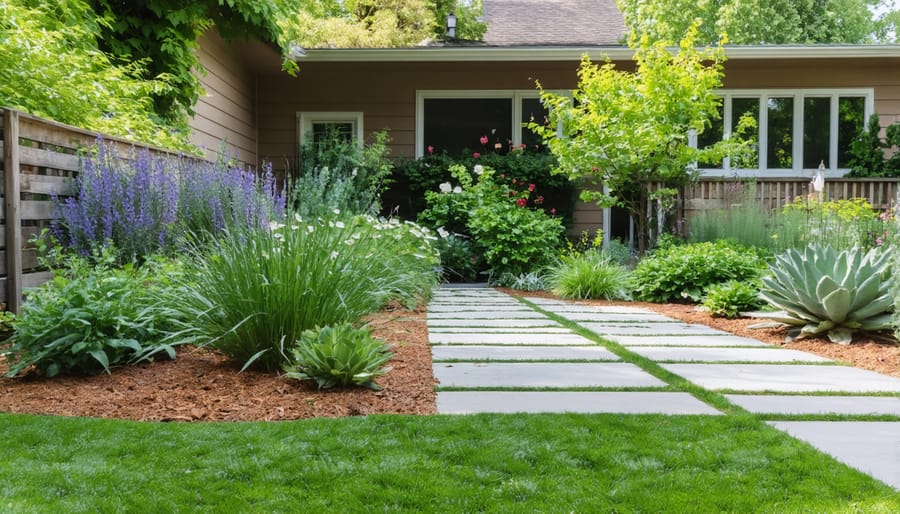 Xeriscape landscaping featuring low-water plants and mulch