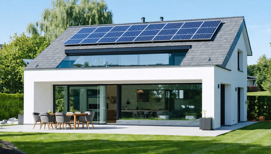 Sustainable zero energy house featuring solar panels