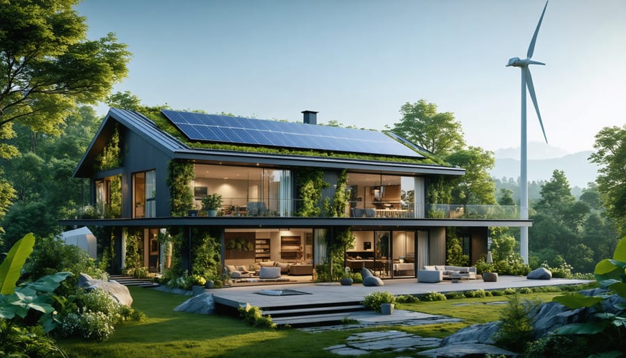 Modern zero energy home with solar panels, surrounded by greenery, illustrating sustainable living with renewable energy sources like solar and wind.