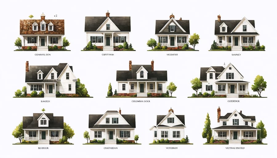 Illustrated guide showcasing various American house styles, including Colonial, Craftsman, Ranch, and Victorian, with labeled architectural features such as roof shapes, window styles, and exterior materials.