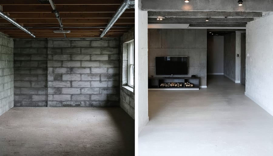 Side-by-side comparison of basement transformation: unfinished versus modern living space