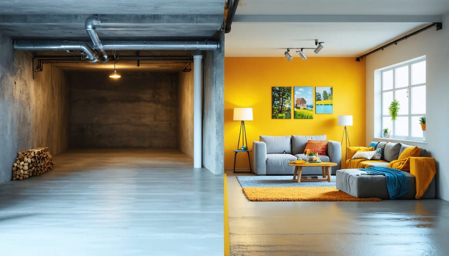 Before-and-after image of a basement transformation, showing one side as a dark, cluttered space and the other as a bright, modern living area featuring stylish furniture and decor.