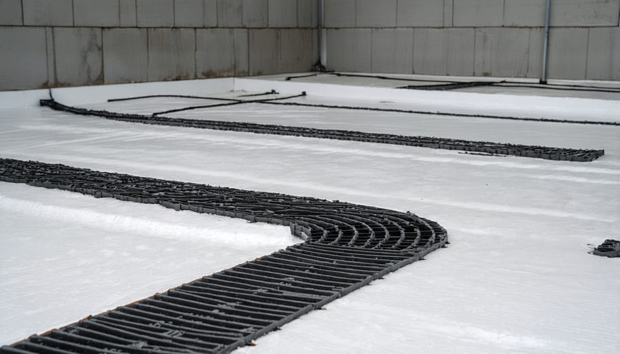 Interior basement waterproofing system installation with visible drainage components