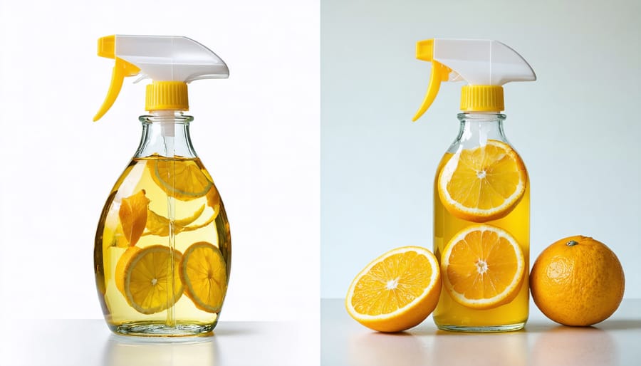 Mason jar showing stages of making citrus cleaner: fresh peels, adding vinegar, and final strained solution