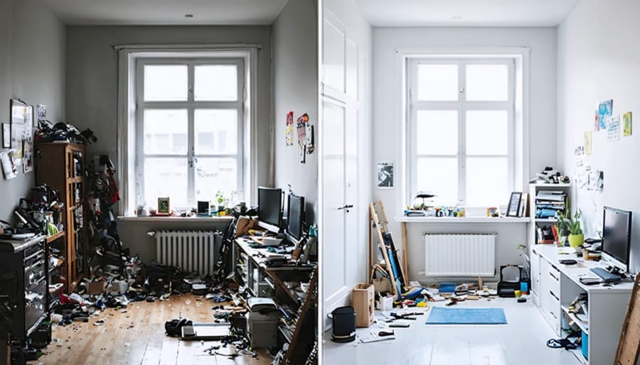 Side-by-side comparison of a room transitioning from cluttered and messy to organized and minimalist, showcasing a transformation from chaos to calm.