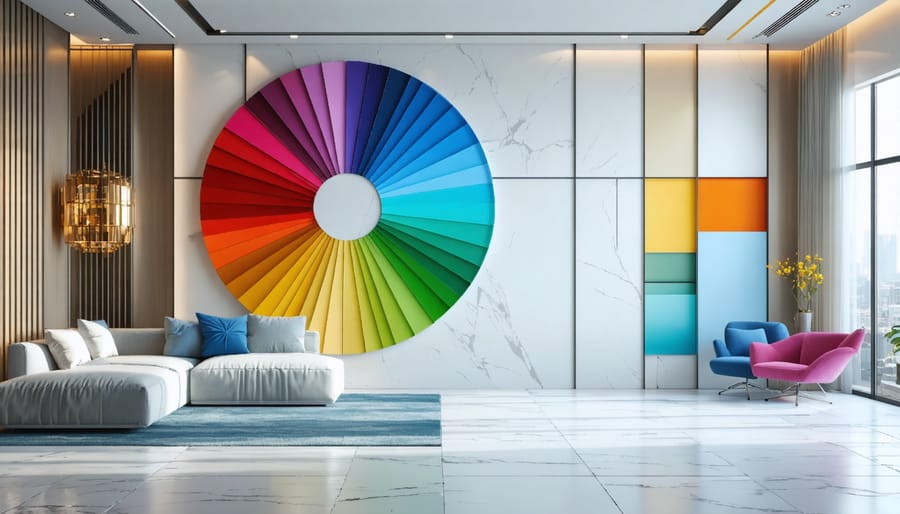 A sophisticated room layout with an overlaid color wheel, depicting the use of primary, secondary, and tertiary colors according to color theory in architecture and interior design.