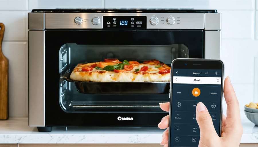 Person using smartphone app to control smart oven settings