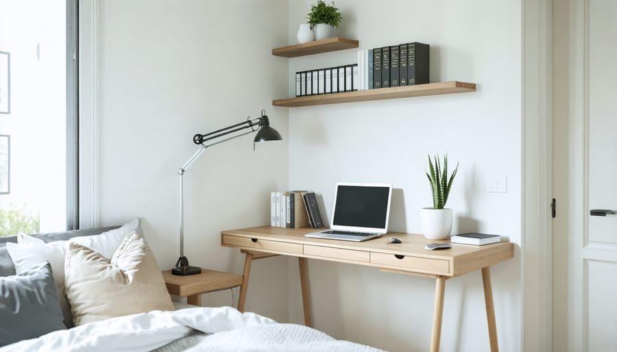 Corner workspace in bedroom featuring minimalist desk and wall-mounted storage