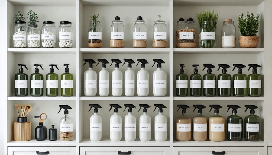 Neatly arranged shelf showing properly labeled homemade cleaning solutions in various containers with safety information