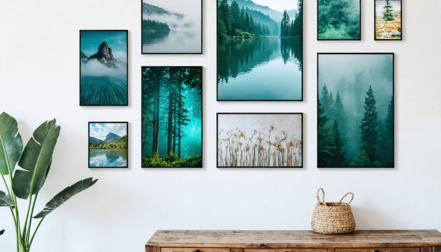 Budget-friendly gallery wall with mix of DIY art pieces and affordable frames