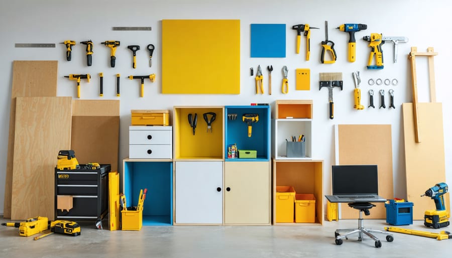 A creative workspace scene featuring DIY modular furniture projects, with partially assembled storage cubes and various tools and materials scattered around, emphasizing the hands-on, adaptive nature of modular design.