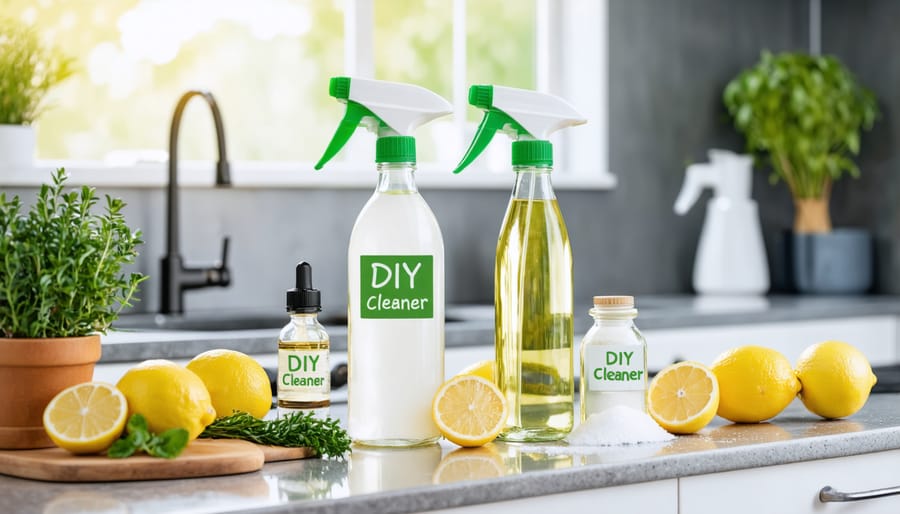 A kitchen countertop displaying DIY cleaning supplies, including glass spray bottles with labels and natural ingredients like vinegar, baking soda, lemons, and essential oils, highlighting an eco-friendly cleaning approach.