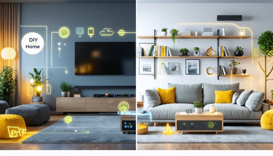 Comparison of a traditional living room with manual lighting and a modern smart home featuring automated lighting and security systems, emphasizing cost-saving and convenience.