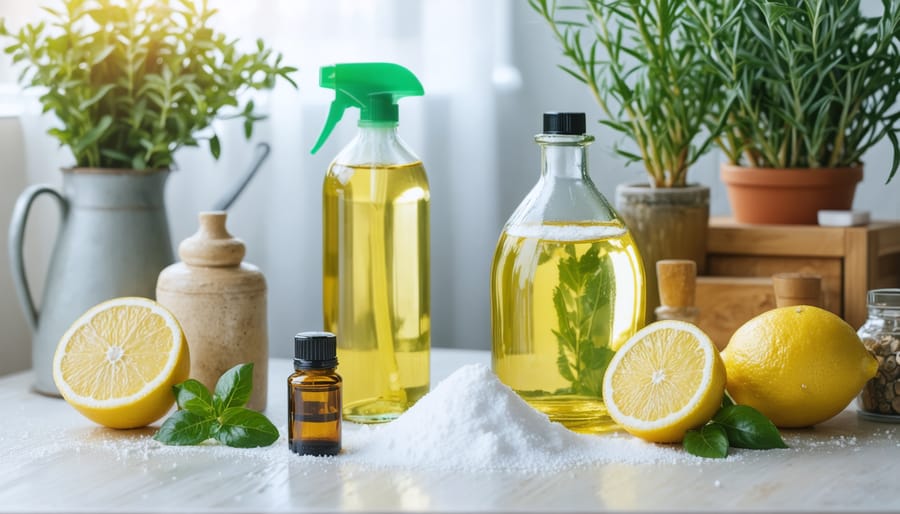 A serene display of natural cleaning ingredients including vinegar, baking soda, lemons, and essential oils, symbolizing eco-friendly home cleaning solutions.