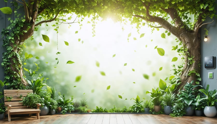 Conceptual illustration of a sustainable home featuring LED lights, a smart thermostat, and a composting system, surrounded by green foliage representing eco-conscious living.