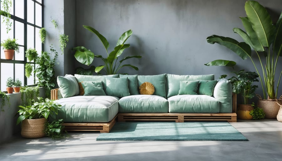 An inviting and modern living room showcasing a plush eco-friendly sectional sofa made with sustainable materials such as recycled fabric and FSC-certified wood.