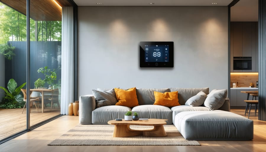 A modern living room featuring a smart thermostat, LED lighting, and energy-efficient windows, complemented by bamboo flooring and recycled countertops.