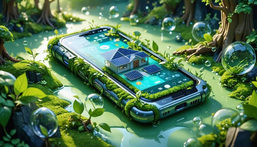 Illustration of an eco-friendly smartphone made from recycled materials, surrounded by green foliage and solar panels, with a subtle smart home interface in the background.