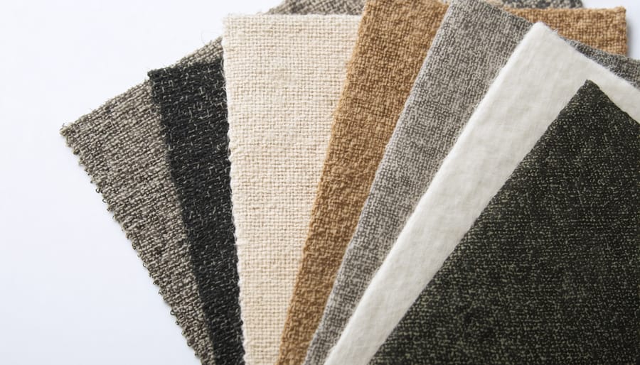 Natural and sustainable fabric swatches including organic cotton, hemp, and wool in neutral tones