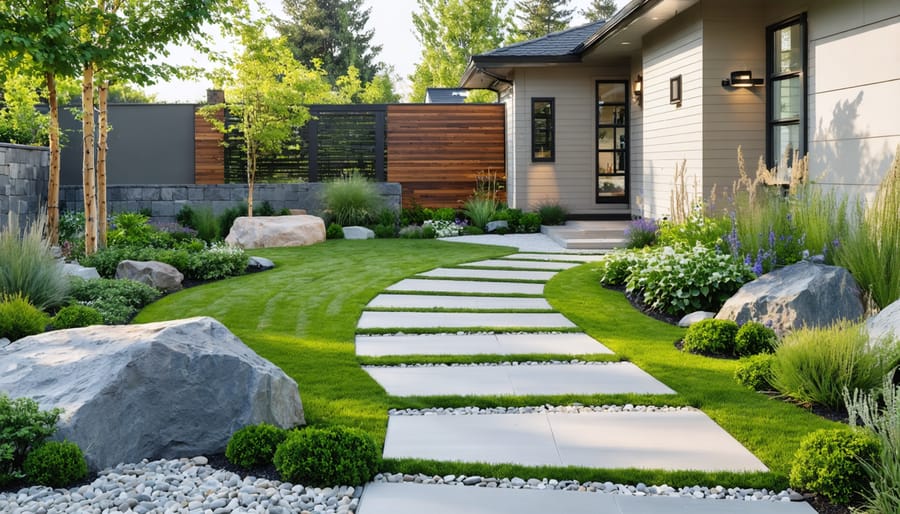 Conceptual depiction of a sustainable and low-maintenance front yard featuring gravel paths, sculptural rocks, and native plants, highlighting eco-friendly landscaping techniques.