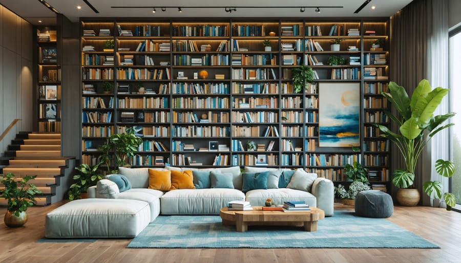 A modern living room featuring a floor-to-ceiling bookcase, floating shelves with books and plants, and a corner reading nook with stylish book arrangements.