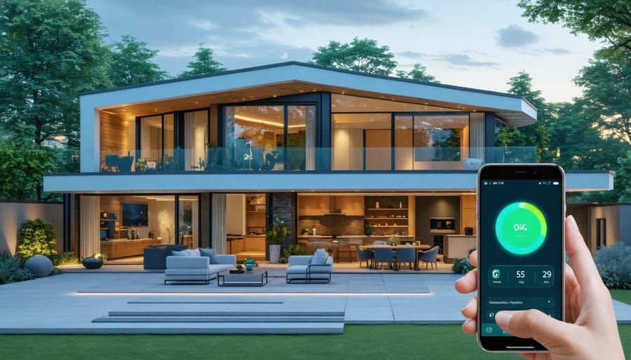 Illustration of a modern smart home featuring energy-efficient technologies like a smart thermostat, LED lights, double-pane windows, and a smartphone interface for energy management.