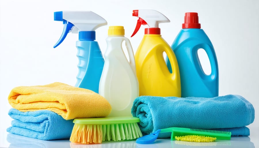 Neatly arranged laundry supplies showing detergents, softeners, and basic tools