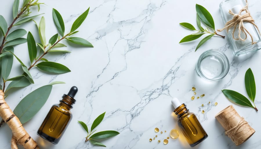 A harmonious composition featuring lush green tea leaves, ginseng roots, and glass vials filled with natural extracts, complemented by eco-friendly bamboo and glass packaging on a white marble background.