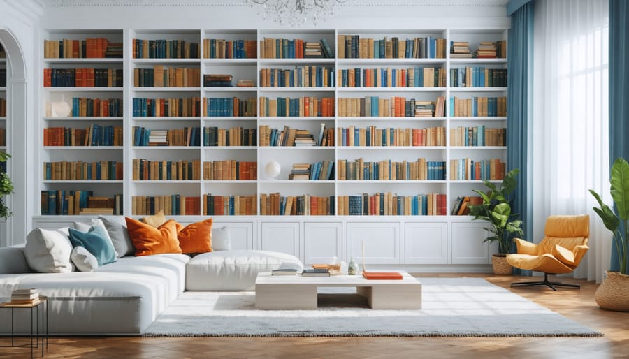 Floor-to-ceiling white bookshelf displaying books in a contemporary living room setting