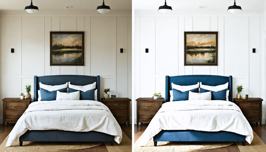 Side-by-side comparison of a guest room before and after budget-friendly renovation