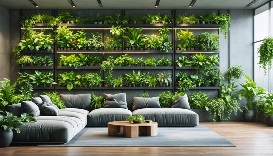 Living wall featuring various air-purifying plants in a modern home interior