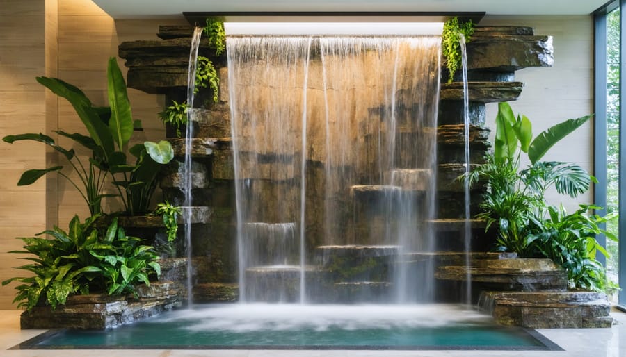 Contemporary indoor fountain with natural stone elements and surrounding greenery