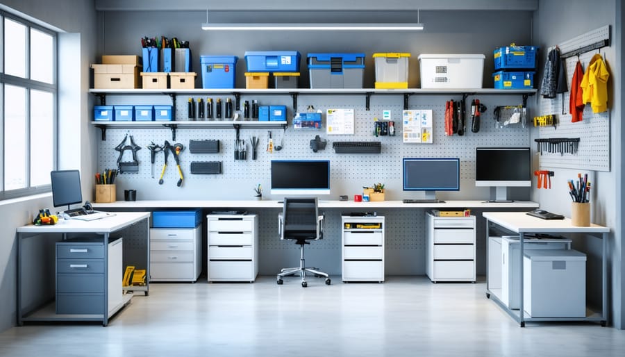 Modern modular workspace with customizable shelves, a pegboard system, and smart storage technology showcasing organized creative materials and tools.