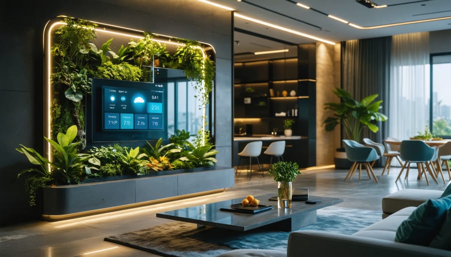 Modern living room featuring a smart mirror with digital displays, a vertical garden wall, and a multifunctional coffee table, highlighting the integration of technology and nature in home decor.