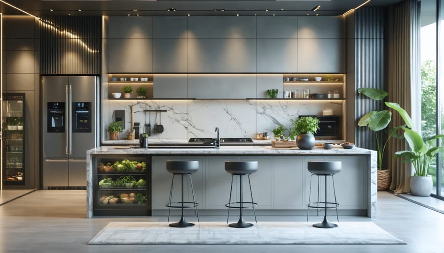 Sleek modern kitchen with integrated smart appliances and hidden tech storage solutions